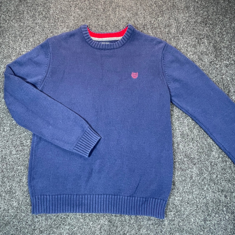 Chaps Crewneck Sweater Boys L 14/16 Blue Cotton Knit Nautical Preppy School Logo